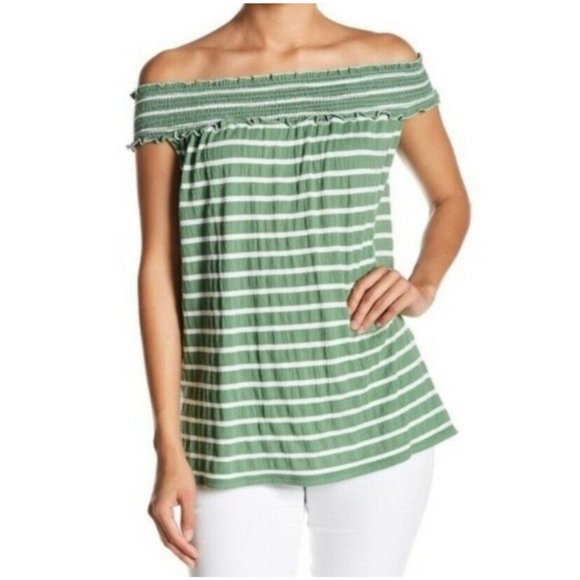 Max Studio Tops - Max Studio SMALL S Green White Striped Off the Shoulder Shirt Blouse Stretch